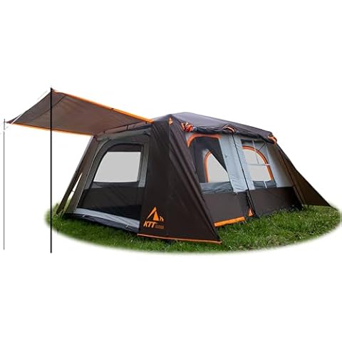 KTT Instant Tent 12 Person,Full Rainly,Large Family Cabin Tents,Automatic Build Quickly in 60S,2 Rooms,3 Doors/3 Windows with Mesh,Waterproof,Double Layer,Big Tent for Outdoor,Picnic,Camping(Brown) Cover