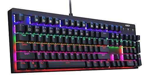 AUKEY Mechanical Keyboard LED Backlit Gaming Keyboard with Blue Switches, 104 Keys 100% Anti-ghosting with Metal Top Panel and Water-Resistant Design for PC and Laptop Gamers, Black (Renewed)