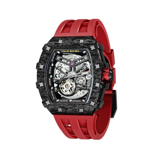 Image of TSAR BOMBA Men's Automatic Watch Tonneau Luxury Skeleton Watches for Men Mechanical 50M Waterproof Analogue Watches Mens Unique Cool Square Big Face Dial Wristwatch with Silicone Strap Band