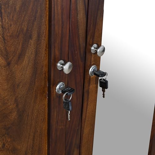 Image of Cross Pattern Solid Wood 3-Door Wardrobe with Mirror in Provincial Teak Finish