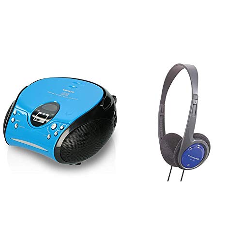 Radio CD-Player SCD-24 tragbares Stereo UKW-Radio mit CD-Player und Teleskopantenne in blau/schwarz & Panasonic RP-HT010E-A Bügelkopfhörer (1,2m