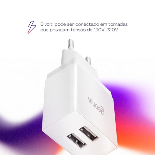 Geonav Carregador de Parede Universal 2.1A, 2 portas USB, 10W, Bivolt, ESACW2, Branco