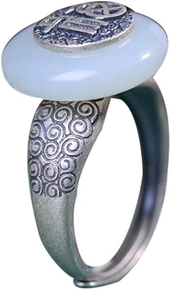 S925 Silver-Inlaid Natural White Jade Ping An Buckle Blessing Character Ring Opening Adjustable Including Certificate