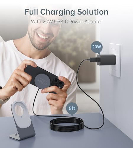 Image of Magnetic Wireless Charger for iPhone 17-12 Series + Aluminum Charger Stand | Mag Charger+20W USB C Adapter, Fast Wireless Charging Stand /Pad with 5ft USB-C Cable for iPhone 17 /16 /15 /14 /13 /12, Airpod Pro