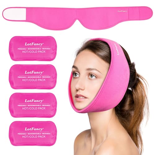 LotFancy Face Ice Pack Wrap with 4 Reusable Hot Cold Therapy Gel Packs, Pain Relief for TMJ, TMD, Wisdom Teeth, Oral and Facial Surgery, Dental Implants, Pink