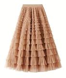  shownicer Tulle Jupe Femme Chic Taille Haute Longues Volants Jupe en Tulle A-Line Elastique Multi Couché Jupe A Kaki Clair M