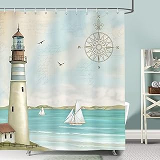 Bonhause Nautical Lighthouse Shower Curtain 180 x 180 cm Sailboat Compass Coastal Bathroom Curtain Waterproof Mildew & Mould Resistant Polyester Fabric Bath Curtain with 12 Hooks