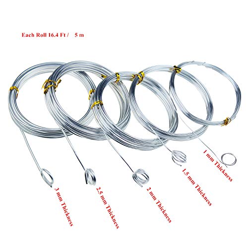 Silberfarbener Aluminiumdraht / Basteldraht, 5 verschiedene Größen (1 mm, 1,5 mm, 2 mm, 2,5 mm und 3 mm Dicke), Aludrahtrollen für Heimwerker, Skulptur und Handwerk, je Rolle 5 Meter