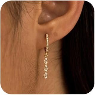 Gold/Silver Hoop Earrings for Women,Dainty 14k Gold/Silver Plated Small CZ Diamond Dangle Drop Earrings for Women Trendy Lightweight Jewelry Set