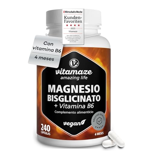 Magnesio Bisglicinato + B6 (4 Meses) 240 Cápsulas Veganas. Apoya el Bienestar Diario, Descanso y Función Muscular. Sin Aditivos. Fabricado en Alemania, Vitamaze