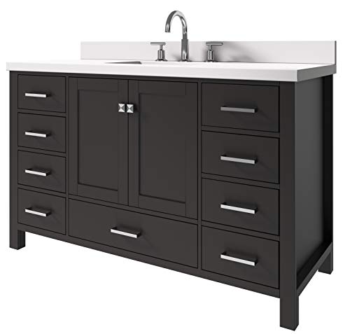 Ariel Bathroom Vanity 55" Inch With Pure White Quartz Countertop And Rectangle Sink In Espresso | 2 Soft Closing Doors | 9 Full Extension Dovetail Drawers | With Backsplash | No Mirror #TOP2