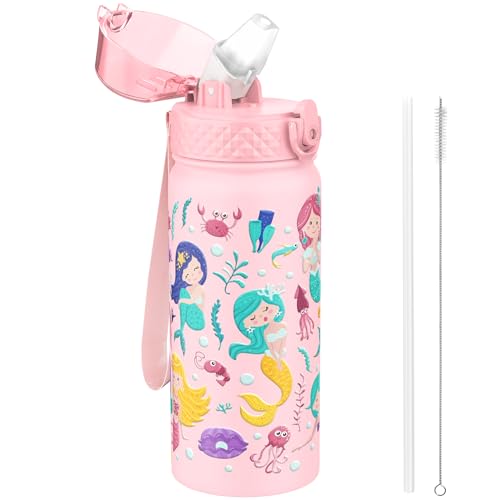 GOPPUS 550ml/18oz Botella Agua Aislada para Niños con Pajita Acero Inoxidable Doble pared Frasco Pequeño con Aislamiento al Vacío Acero a Prueba Fugas Frasco Bebida Doble pared Pequeños Termo sin BPA
