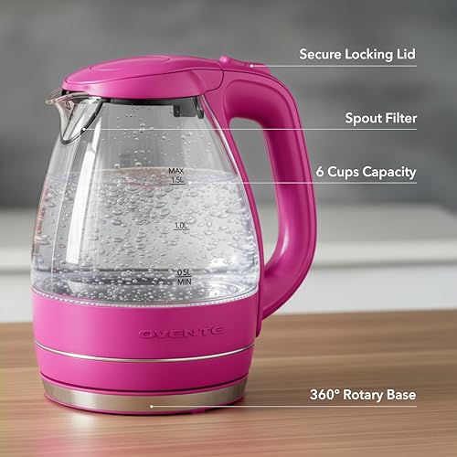 Image of OVENTE Electric Kettle, 1.5L Borosilicate Glass Countertop Water Heater and Boiler for Coffee or Tea, BPA-Free, Auto Shut-Off, Boil-Dry Protection, Removable and Washable Spout Filter, Pink KG83F