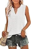 Zwurew Sleeveless Tops for Women Workout Summer V Neck Tank Top Casual Loose Hollow Eyelet Cute Flowy Cami Blouse White L
