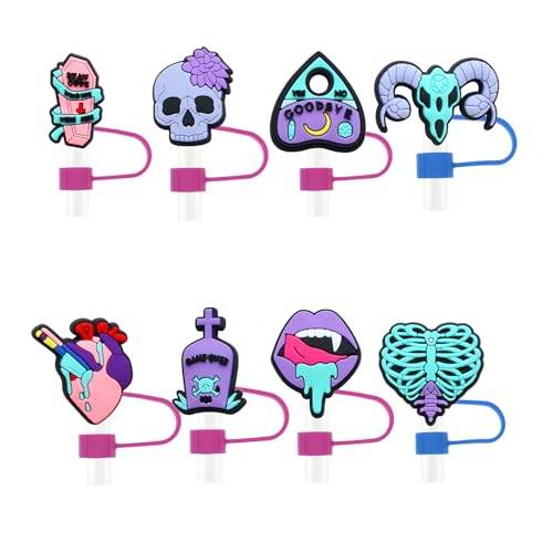 BSTIONYI 8 Pack Straw Cover Cap, Purple Skull Funny10mm Cute Silicone Straw Topper Compatible with 30 40 Oz Tumbler Handle,Dust-Proof Reusable Straw Tips Lids (Dark Purple)