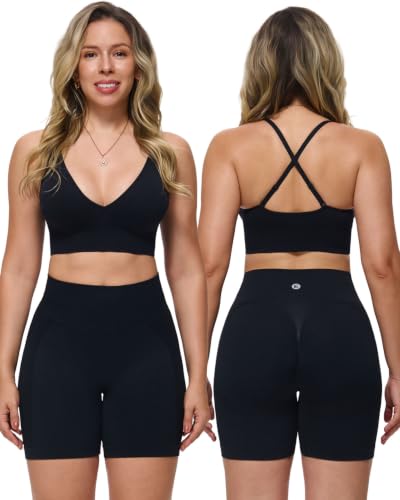 Evercute 2 Piece Matching Workout Set for Women Cute V Neck Sports Bra High Waisted Butt Lifting Gym Shorts Seamless Yoga Set