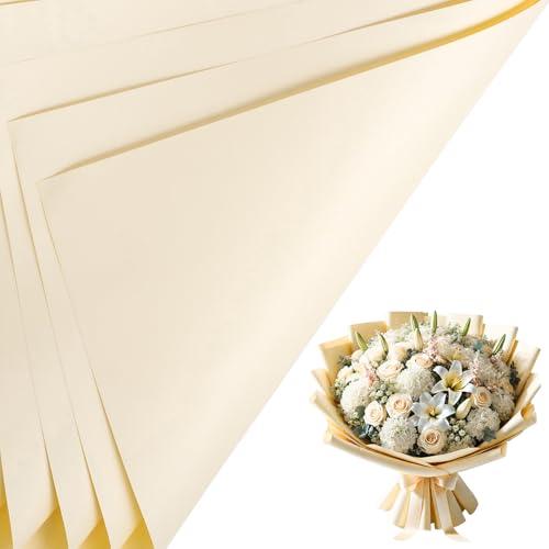 LeZakaa 20 Sheets Flower Wrapping Paper - Waterproof Reversible Floral Bouquet Paper - Cream Yellow Design for Valentine's Day, Mother's Day, Parties, Birthdays, Weddings, Baby Shower