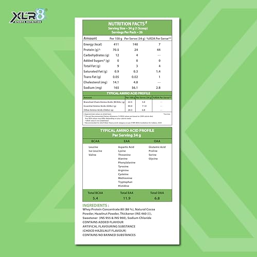 Image of XLR8 Whey Protein Powder with 24 g Protein Content & 5.4 g BCAA (907 g (Pack of 1), Choco Hazelnut)