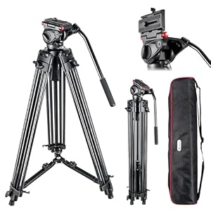 Heavy Duty Tripod, 77″ Aluminium Video Tripod with 75mm Bowl Adapter, Professional Camera Tripod Heavy Duty with 360° Fluid Head, One-Step Height Adjustment, Max Load 22 lbs for Camcorder, Cameras