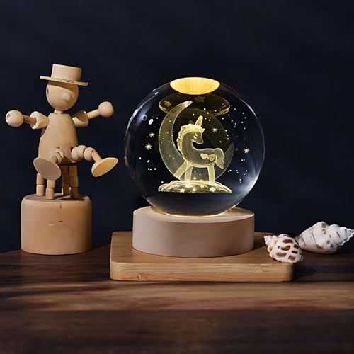 Image of 3D Crystal Ball Night Light with Wooden Base, Aesthetic Clear LED Lamp for Home and Bedroom Touch Switch, Warm Light for Kids and Teens Perfect Birthday & Anniversary (Unicorn)