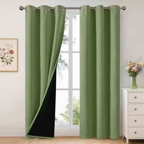 YoungsTex 100% Blackout Curtains 84 Inch Long for Bedroom, Olive Green Thermal Insulated Drapes with Grommet Room Darkening Heavy Energy Saving for Living Room, 2 Panels, 42 X 84 Inch