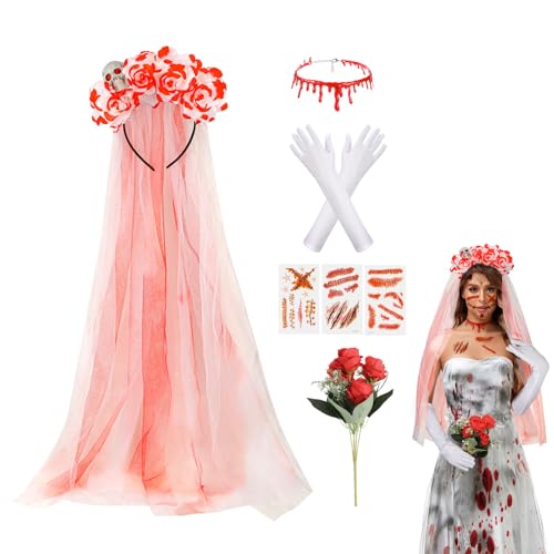 5PCS Accesorios de Disfraz Novia Muerta Zombie Halloween Mujer, Diadema Dia de Los Muertos con Velo Tatuajes Cicatrices Halloween Collar Sangre Guantes Ramo de Rosas Rojas, Accesorios Halloween Mujer