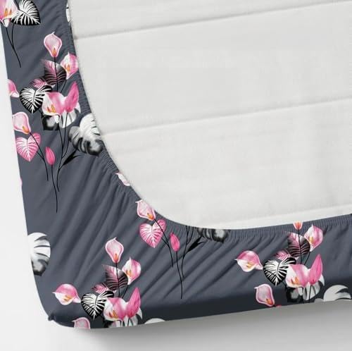 Cotton Feel Glace Cotton Elastic Fitted Printed King Size Double Bed Bedsheet with 2 Pillow Covers and Fits Upto 8 inches Mattress, Size- 72"x78" Saffro 7457