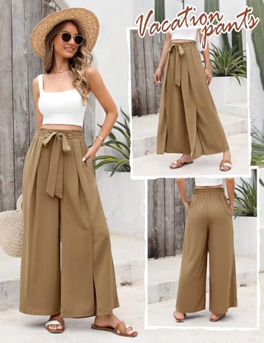 CMTOP Womens Wide Leg Trousers With Drawstring Pockets, Summer Casual Loose Split Flowy Palazzo Pants, Lightweight Work Bottoms for Ladies - Image 2