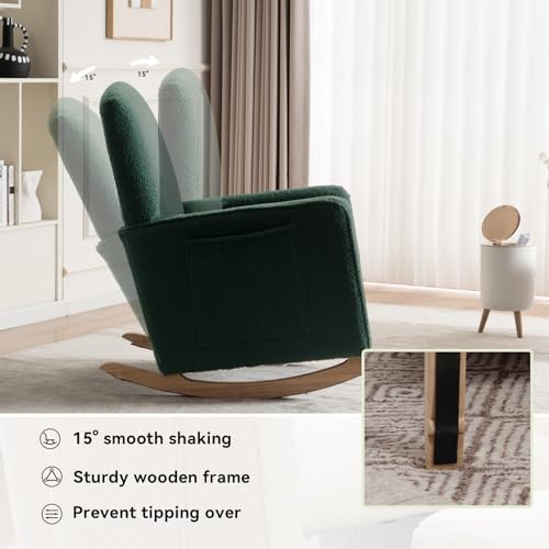 FOXHUNTER Rocking Chair Nursery,Glider Chair with Adjustable Footrest and High Backrest, Modern Glider Rocker Chair for Nursery with Side Pockets, Teddy Rocking Chair Indoor for Living Room, Green