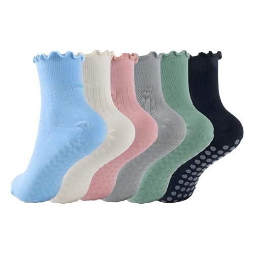 6-Pack Mesh Pilates Socks: Cute Woman Grip Socks for Yoga Girls Aged 18-28 - Breathable Ruffle for Barre & Gym