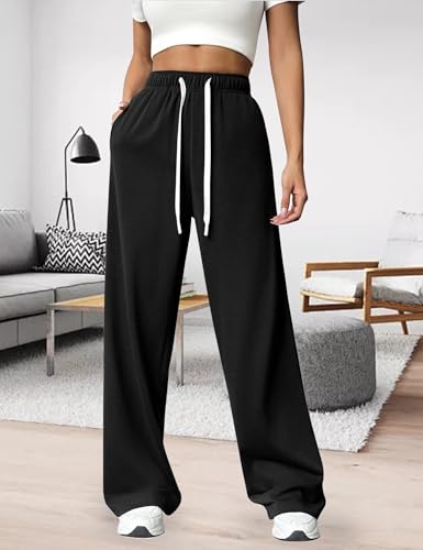 Pantalones deportivos holgados para mujer, de pierna ancha, cintura alta, con cordón y bolsillos, pantalones de entrenamiento para gimnasio, Pantalones negros para mujer, Large