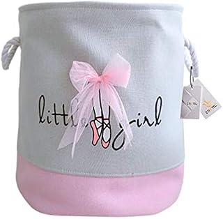 Znvmi Large Fabric Laundry Hamper Nursery Toy Storage Basket Organizer for Girls Collapsible Round Laundry Bin with Handles - Pink Lace Bow/Grey