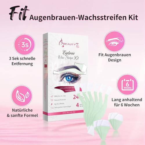 Beauty7 Augenbrauen Wachsstreifen vorgeschnitten augenbrauen wachs 24stk augenbrauen wax streifen mit 4stk Reiniger Öl Tücher Schmerzfrei enthaarungsstreifen augenbrauen schnell persian wax strips