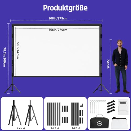 Beamer Leinwand mit Stativ 120 Zoll Outdoor – LEORFI Tragbare Projektorleinwand mit Tragetasche, Leichte Projektionsleinwand Indoor Front/Rück - Kinoleinwand 16:9 4K HD mit Katzentasche für Hinterhof