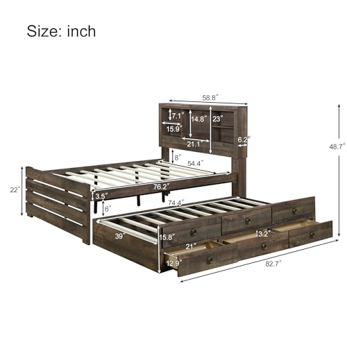 Polibi Full Size Bookcase Captain Bed with Three Drawers and Twin Trundle, Farmhouse Style Rustic Brown Storage Platform Bed