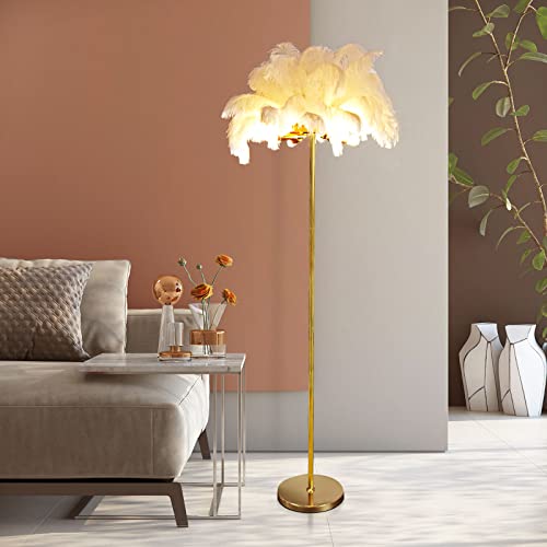 Feather Floor Lamps For Bedrooms Natural White Ostrich Feather Lamp 4-Light Unique Bedside Floor Lamp,Golden Lamp Body,Bulb Included, Led Simple Modern Office And Kids Living Room Standing Lamp #TOP6