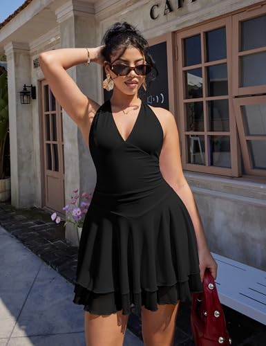 GOKATOSAU Women's Sleeveless Halter V Neck Ruched Waist Mesh Tiered Ruffle Hem Mini Dress4