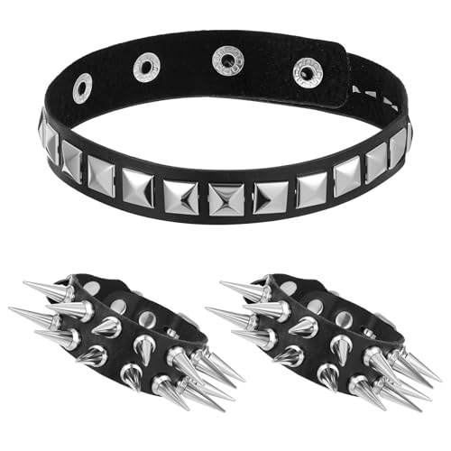 3 set Pu Leder Halsband Schmuck Punk Herz Choker Halsband Gothic Leder Halsreif Erstellbare Kragen Halskette Collier mit 2 Punk Besetztes Armband für...