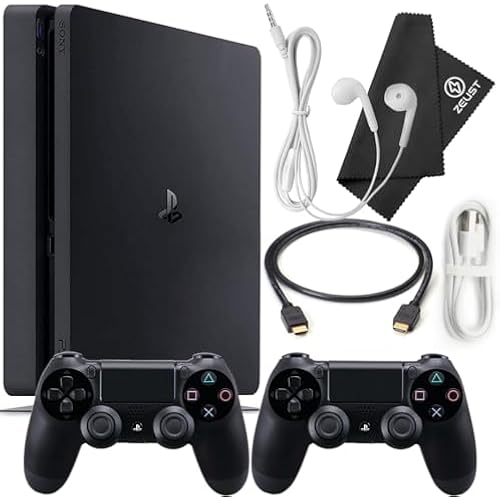 PlayStation 4 Slim 1TB Console Bundle - Includes the PS4 Console Slim 1TB, 2 Dualshock PS4 Wireless Controllers, MicroUSB Charging Cable, HDMI cable, Wired Earbuds and Microfiber Cloth (Renewed)