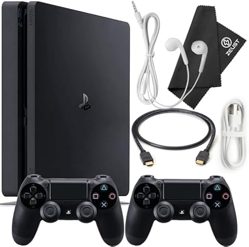 Zeust PlayStation 4 Slim 1TB Console Bundle - Includes the PS4 Console Slim 1TB, 2 Dualshock 4 Wireless Controllers, MicroUSB Charging Cable, HDMI cable, Wired Earbuds and Microfiber Cloth (Renewed)