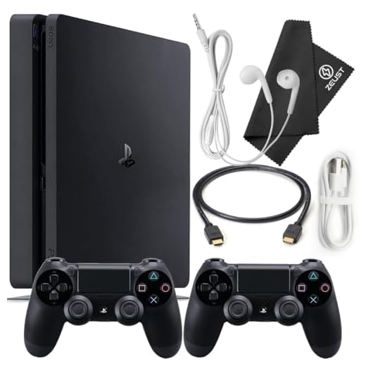 PlayStation 4 Slim 1TB Console Bundle - Includes the PS4 Console Slim 1TB, 2 Dualshock PS4 Wireless Controllers, MicroUSB Charging Cable, HDMI cable, Wired Earbuds and Microfiber Cloth (Renewed)
