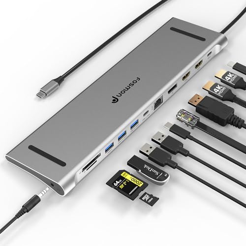 Fosmon Hub USB-C 11 em 1, adaptador multiportas de mesa com porta HDMI dupla 4K, DisplayPort, USB-C,