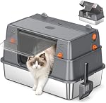 XL Stainless Steel Cat Litter Box, 100° Flip-Top Lid for Easy Cleaning, High Sided Enclosed Metal Cat Box for Big Cats, Anti-Leakage Non-Stick Surface, Removable Lid, Scoop Included, Deep Grey