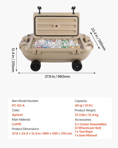 Image of VEVOR Floating Cooler 40 QT Floating Ice Chest with Wheels & Tow Rope, Premium LLDPE Amphibious Beverage Cooler for Water & Land, Stable Cruising on Lake, River, Seashore, Beach, Kayak