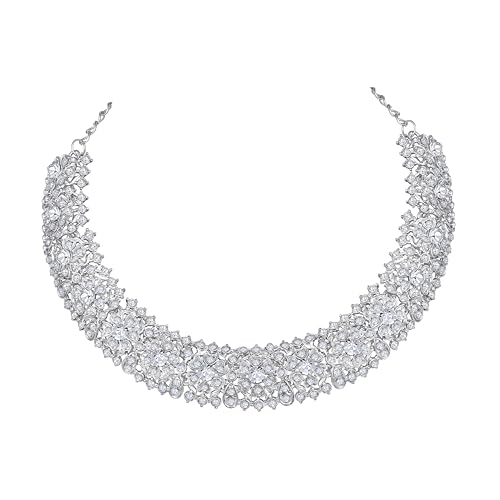 Image of Atasi International Silver Plated White Crystals American Diamonds Stylish Necklace Set with Earrings and Maang Tikka for Women and Girls | Stylish Jewellery for Party, Wedding and Festive Occasions (R6157)