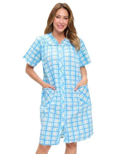 Image of Casual Nights Women's Snap - Front House Dress Short Sleeve Woven Housecoat Duster Lounger Robe with Pockets