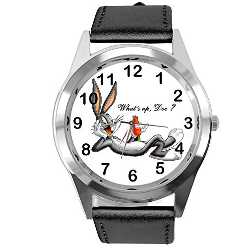 TAPORT Reloj de cuarzo redondo de cuero negro para fanáticos de los conejitos, Correa