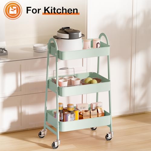NEWBULIG 3-Tier Metal Rolling Cart with Lockable Wheels, Heavy Duty Mobile Utility Storage Shelf, Roller Book Snack Cart, Green