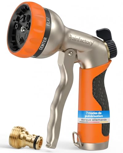 rainfactory Pistolet Tuyau d'Arrosage Métal 7 Jets Haute Pression – Pommeau Arrosage Jardin avec Régulation de Débit – Douchette Jardin Robuste pour Arrosage, Nettoyage et Lavage Auto