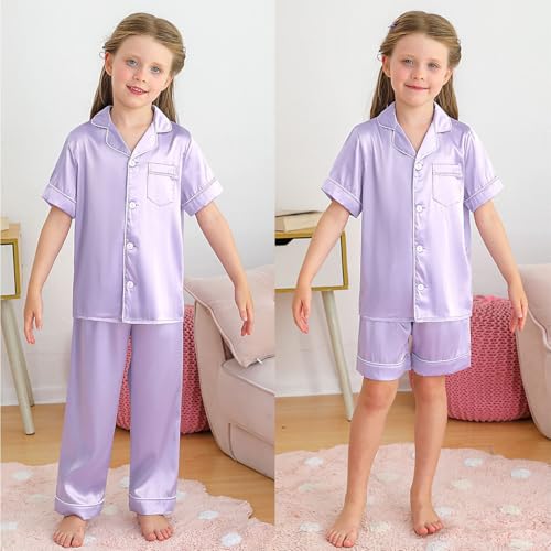 Weixinbuy Girls Pajama Set Silk Satin Pajamas for Kids Girls Boys Button Down Pjs Set Casual Sleepwear Loungewear Gifts2